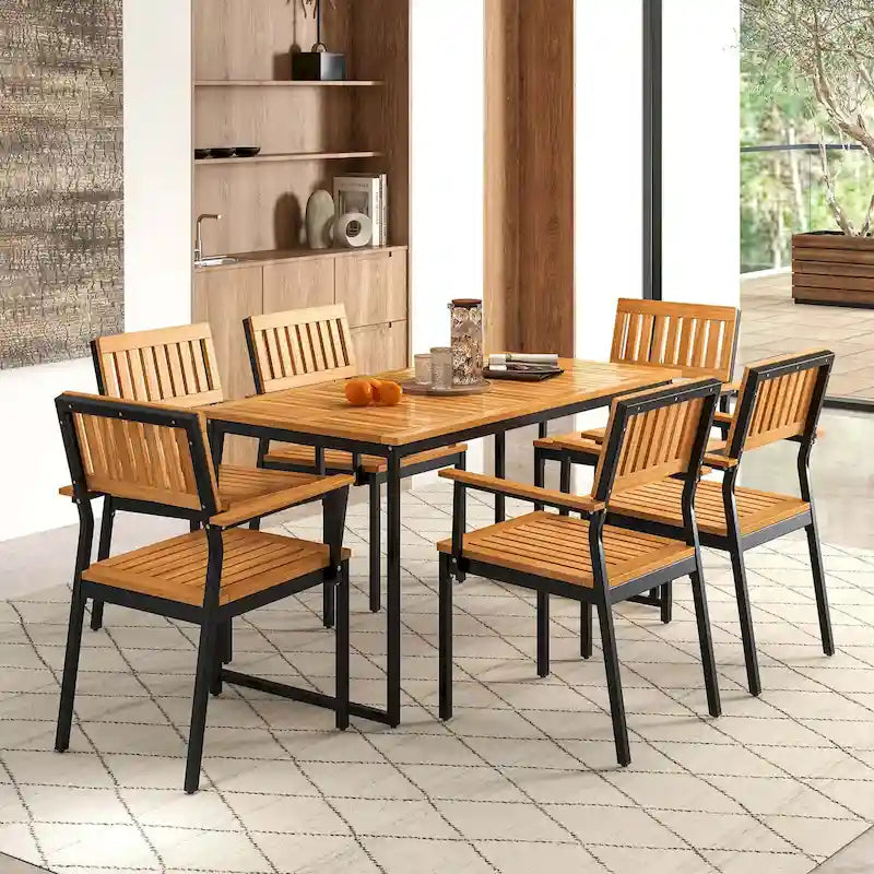 Ensemble repas de jardin 7 pièces pour 6 personnes avec trou pour parasol à cadre métallique