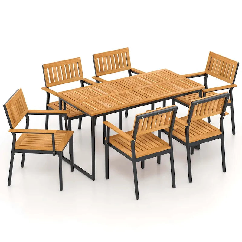 Ensemble repas de jardin 7 pièces pour 6 personnes avec trou pour parasol à cadre métallique