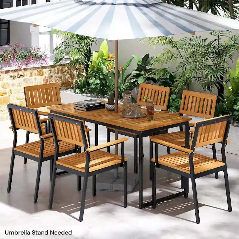 Ensemble repas de jardin 7 pièces pour 6 personnes avec trou pour parasol à cadre métallique