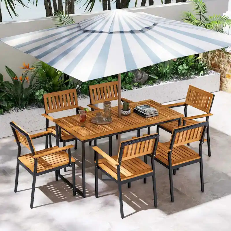 Ensemble repas de jardin 7 pièces pour 6 personnes avec trou pour parasol à cadre métallique