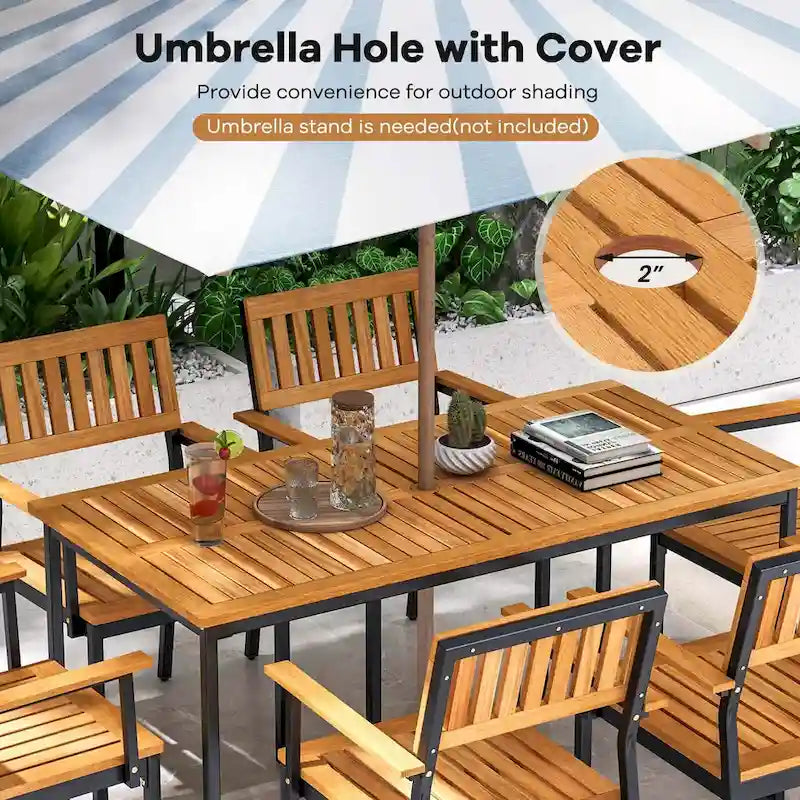 Ensemble repas de jardin 7 pièces pour 6 personnes avec trou pour parasol à cadre métallique
