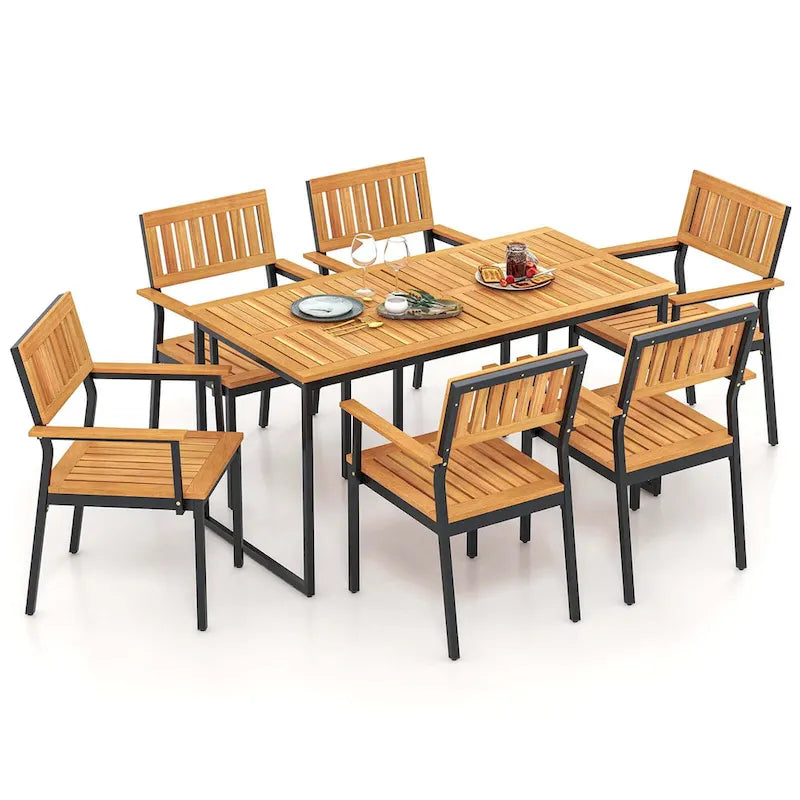Ensemble repas de jardin 7 pièces pour 6 personnes avec trou pour parasol à cadre métallique