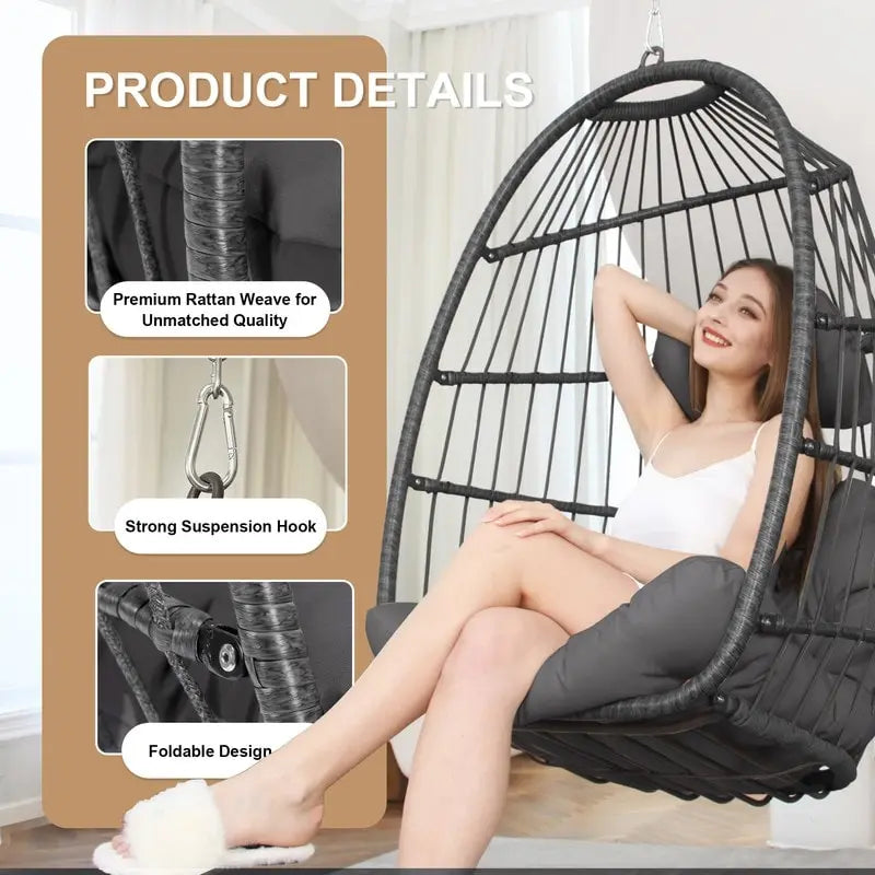 Fauteuil suspendu de luxe en forme d'œuf sans support pour l'intérieur, fauteuil en forme d'œuf d'extérieur de 158 kg, balancelle en forme d'œuf sans support