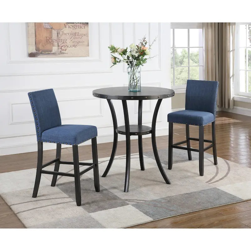 Ensemble de salle à manger moderne 3 pièces avec table de bar ronde et 2 chaises de bistrot à têtes de clous