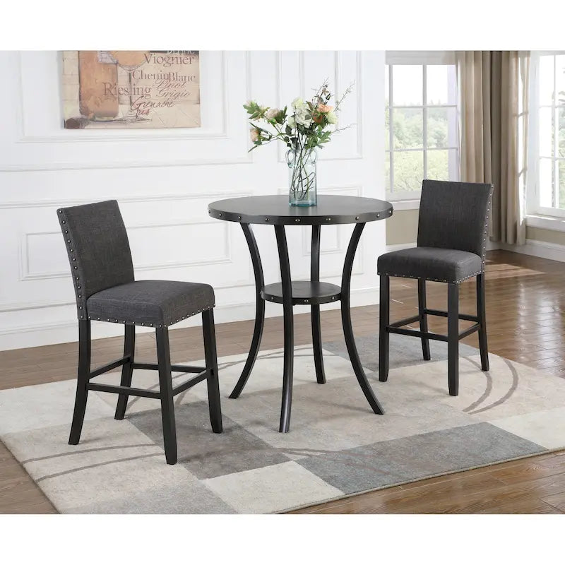Ensemble de salle à manger moderne 3 pièces avec table de bar ronde et 2 chaises de bistrot à têtes de clous