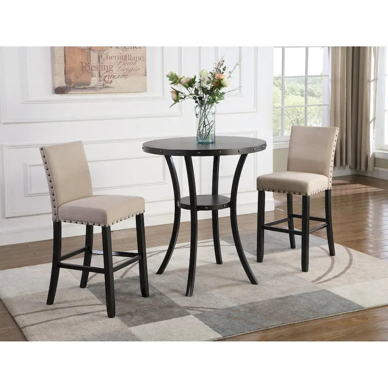 Ensemble de salle à manger moderne 3 pièces avec table de bar ronde et 2 chaises de bistrot à têtes de clous
