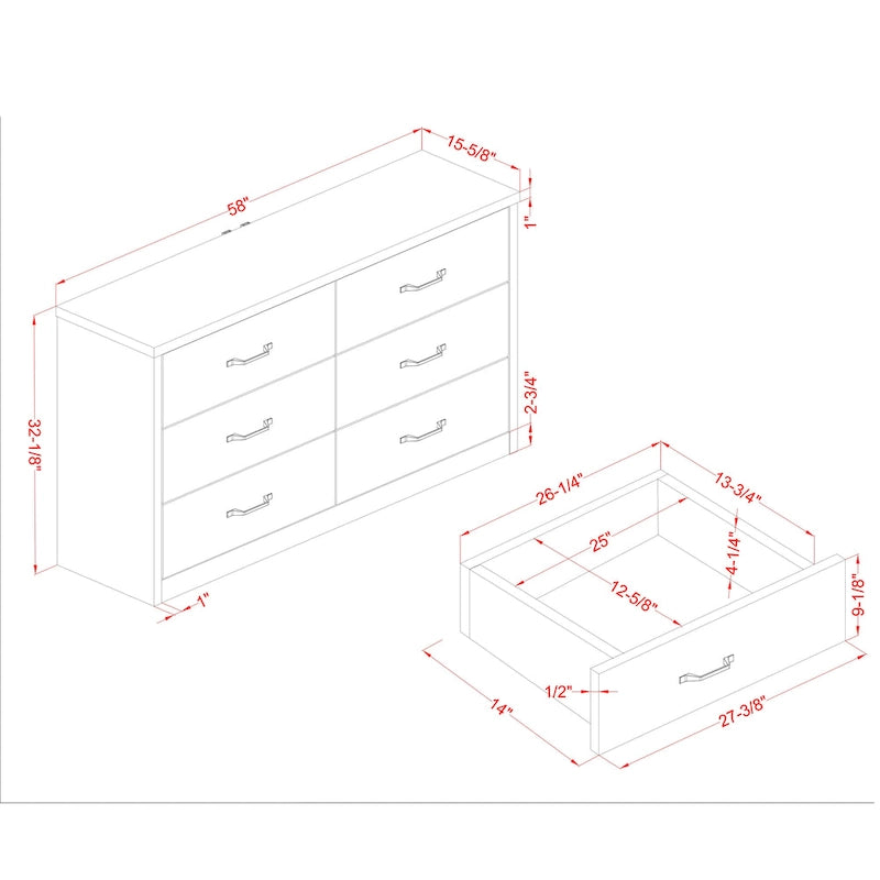 Commode en noyer à 6 tiroirs Greer Rustic de 142 cm de large avec ports USB