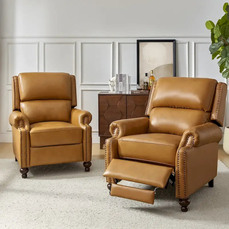 Fauteuil inclinable en cuir véritable Gabriela Mid-Century Modern avec garniture cloutée