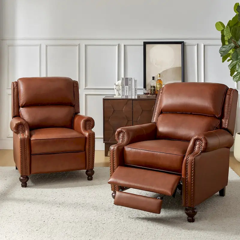 Fauteuil inclinable en cuir véritable Gabriela Mid-Century Modern avec garniture cloutée