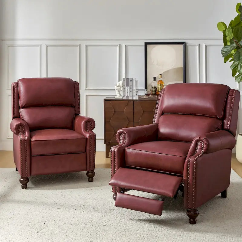 Fauteuil inclinable en cuir véritable Gabriela Mid-Century Modern avec garniture cloutée