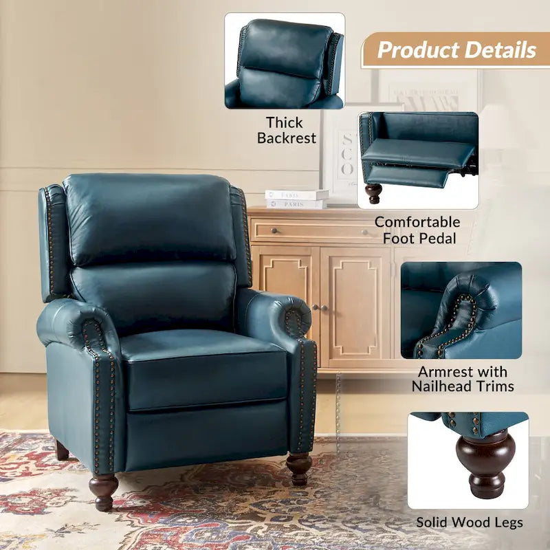 Fauteuil inclinable en cuir véritable Gabriela Mid-Century Modern avec garniture cloutée