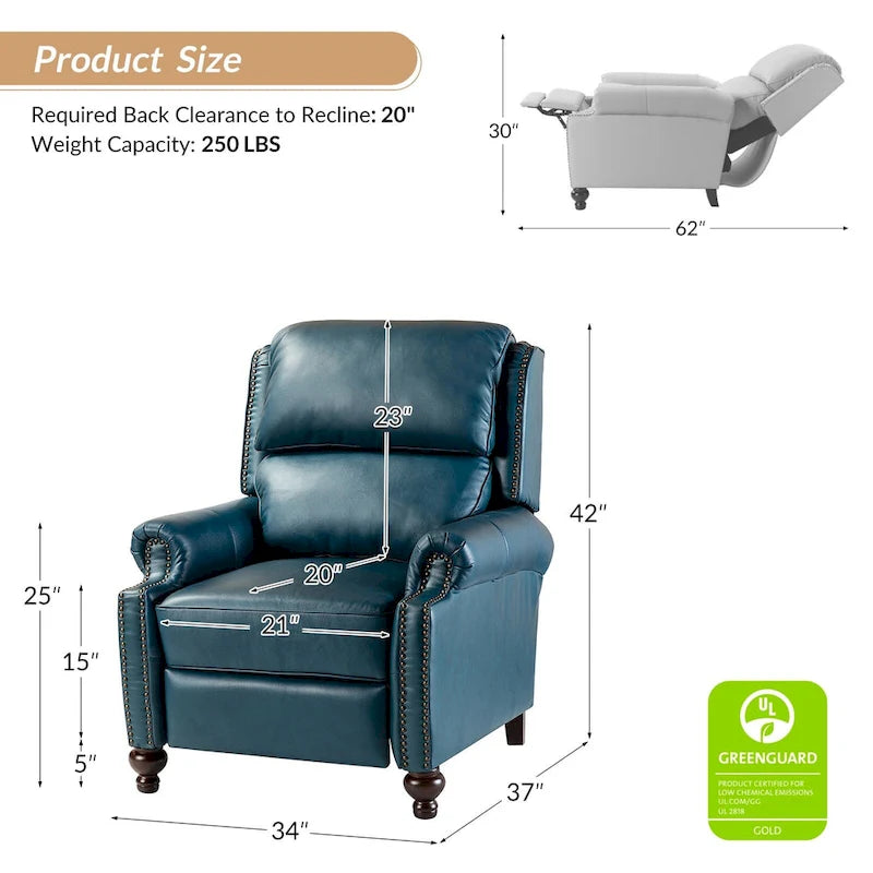 Fauteuil inclinable en cuir véritable Gabriela Mid-Century Modern avec garniture cloutée