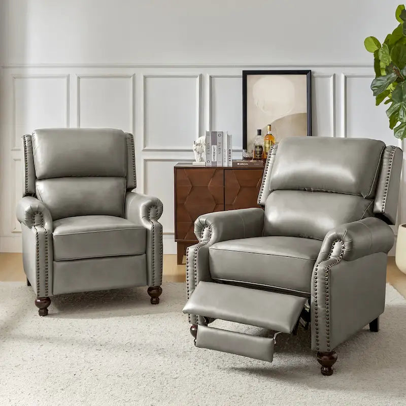 Fauteuil inclinable en cuir véritable Gabriela Mid-Century Modern avec garniture cloutée