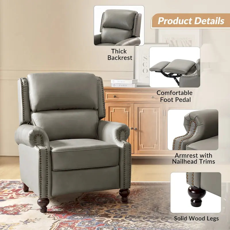 Fauteuil inclinable en cuir véritable Gabriela Mid-Century Modern avec garniture cloutée