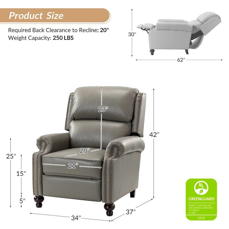 Fauteuil inclinable en cuir véritable Gabriela Mid-Century Modern avec garniture cloutée