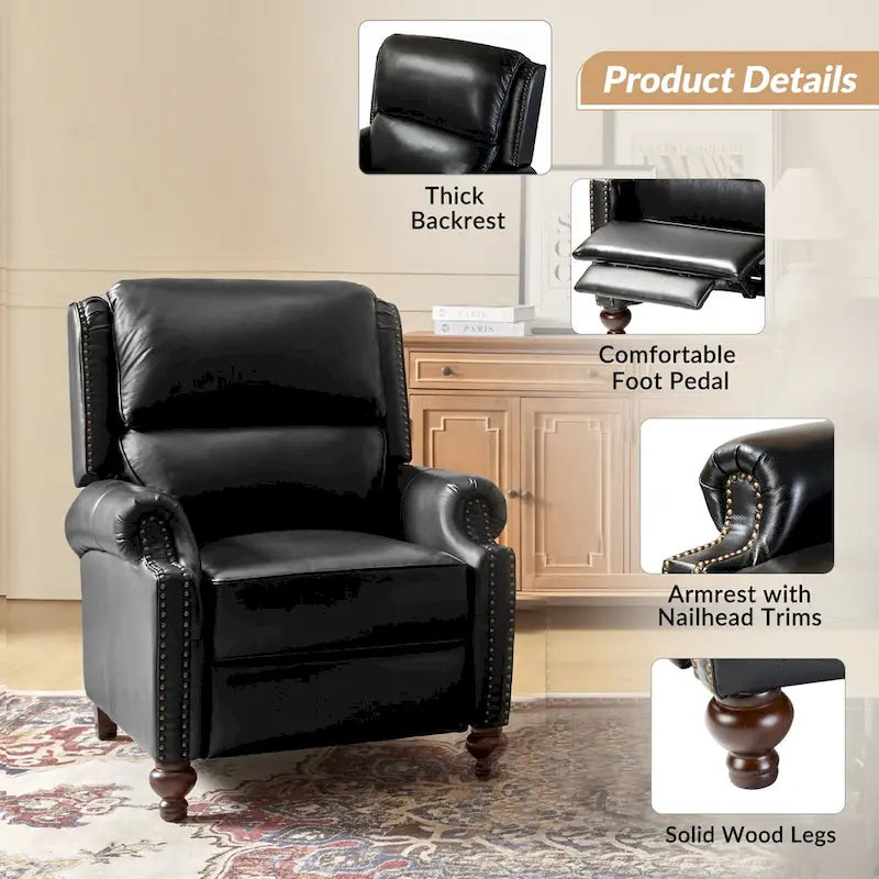 Fauteuil inclinable en cuir véritable Gabriela Mid-Century Modern avec garniture cloutée