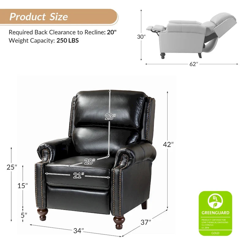 Fauteuil inclinable en cuir véritable Gabriela Mid-Century Modern avec garniture cloutée