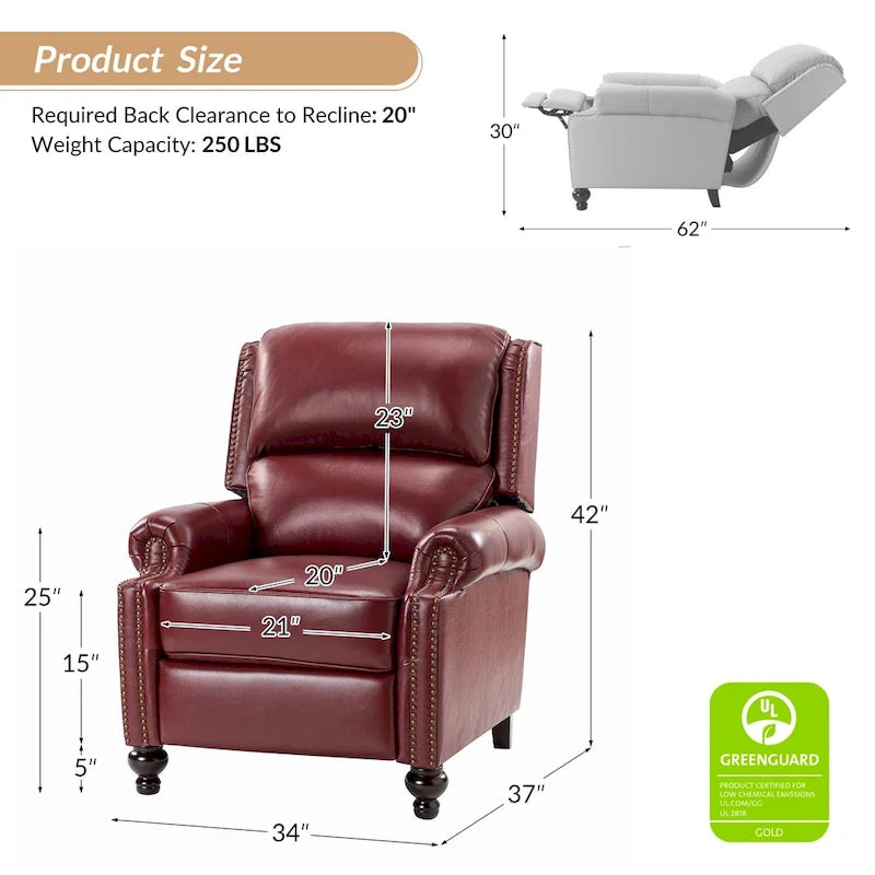 Fauteuil inclinable en cuir véritable Gabriela Mid-Century Modern avec garniture cloutée