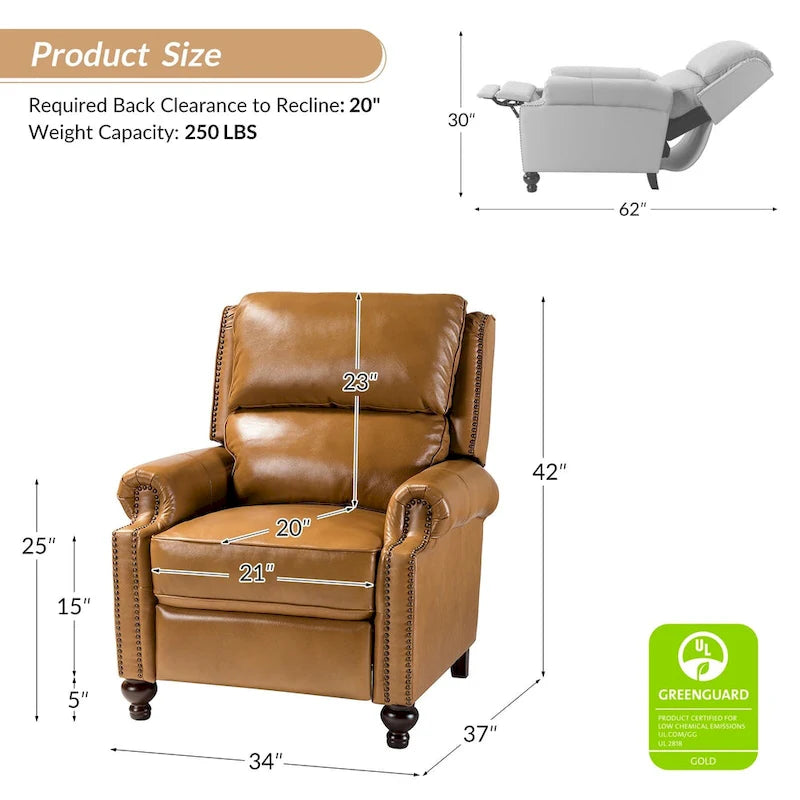 Fauteuil inclinable en cuir véritable Gabriela Mid-Century Modern avec garniture cloutée