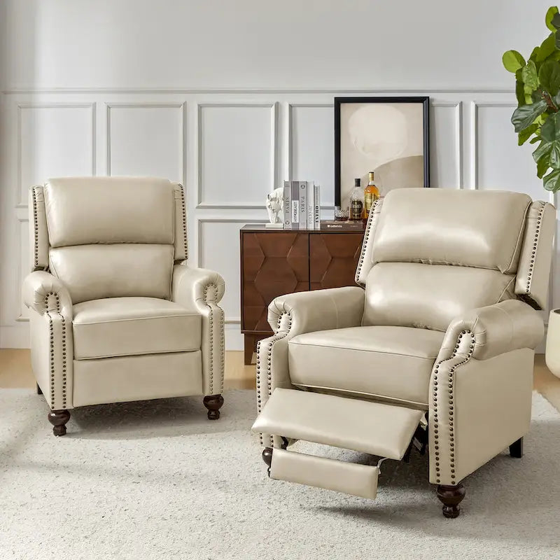 Fauteuil inclinable en cuir véritable Gabriela Mid-Century Modern avec garniture cloutée