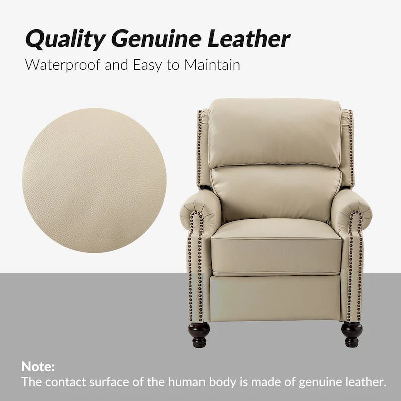 Fauteuil inclinable en cuir véritable Gabriela Mid-Century Modern avec garniture cloutée