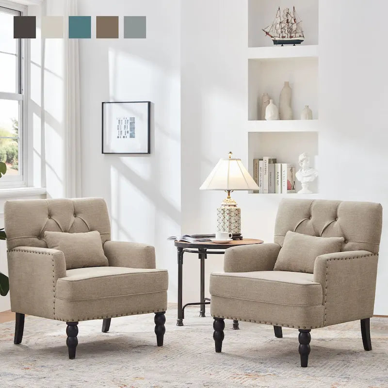 2 Fauteuil d'appoint capitonné avec oreiller lombaire Beige/Gris/Bleu clair