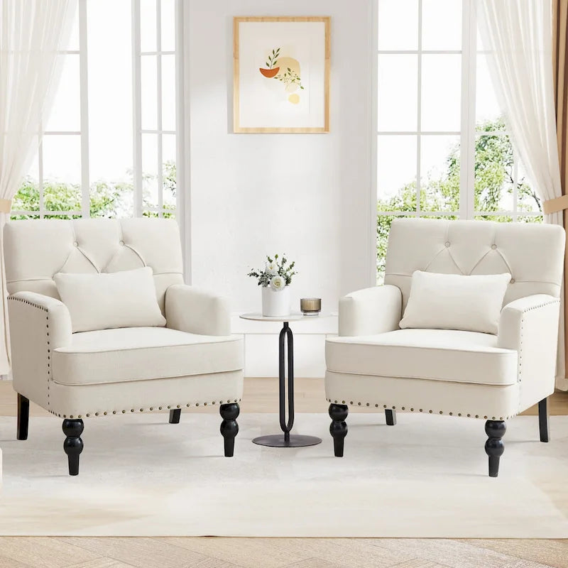 2 Fauteuil d'appoint capitonné avec oreiller lombaire Beige/Gris/Bleu clair