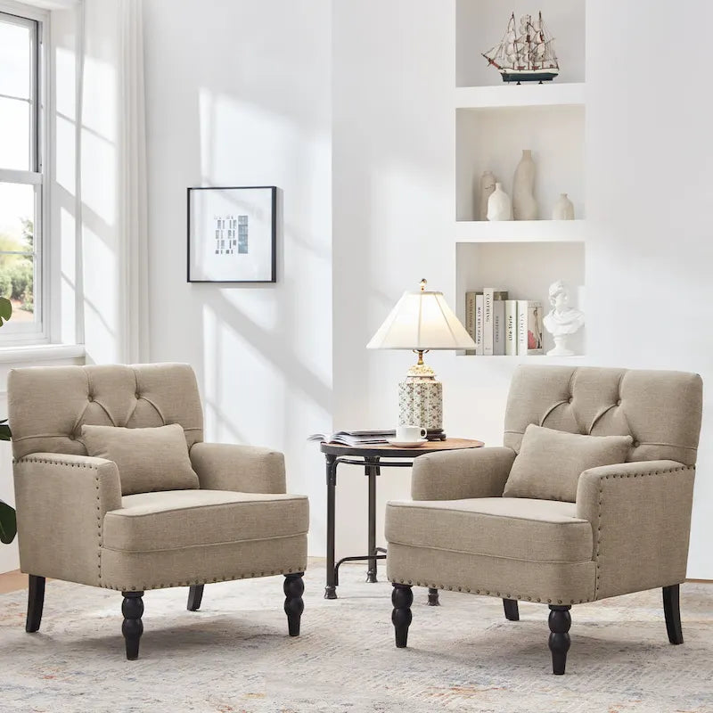 2 Fauteuil d'appoint capitonné avec oreiller lombaire Beige/Gris/Bleu clair
