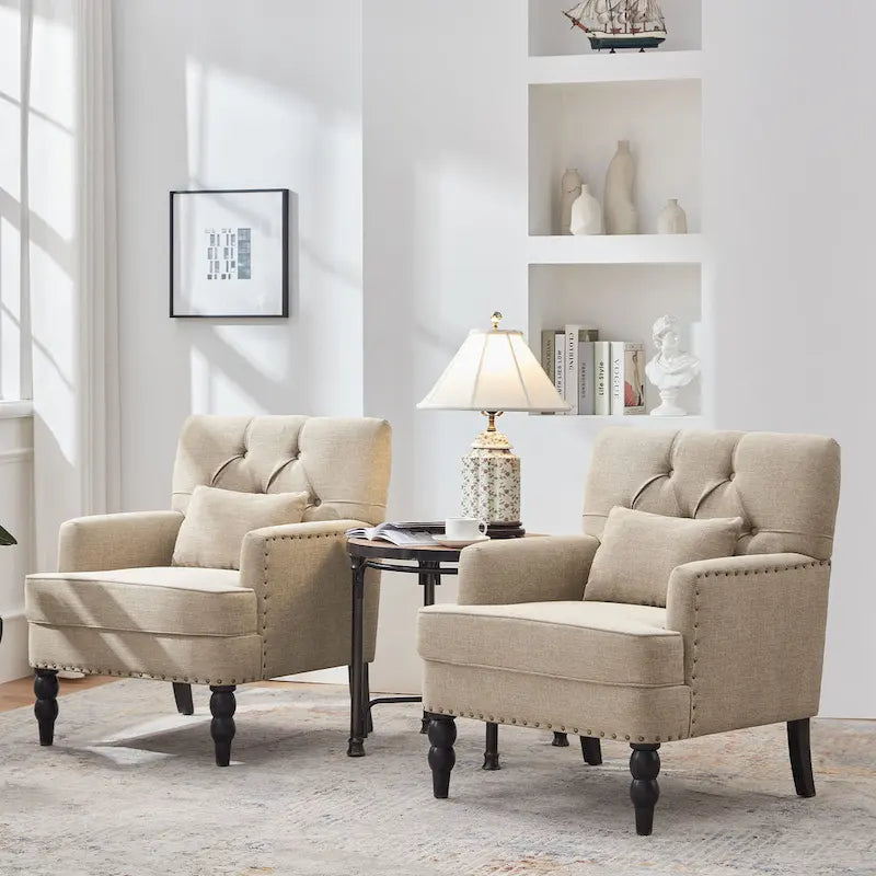 2 Fauteuil d'appoint capitonné avec oreiller lombaire Beige/Gris/Bleu clair