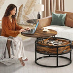 Table basse ronde à plateau relevable avec rangement dissimulé