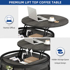 Table basse ronde à plateau relevable avec rangement dissimulé