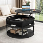 Table basse ronde à plateau relevable avec rangement dissimulé