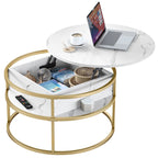 Table basse ronde à plateau relevable avec rangement dissimulé