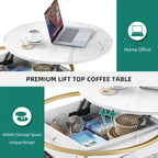 Table basse ronde à plateau relevable avec rangement dissimulé