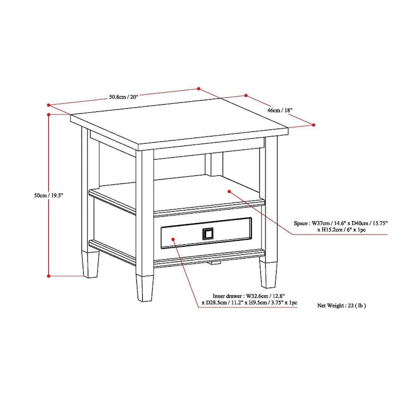 Table d'appoint rectangulaire de transition en BOIS MASSIF Norfolk de 20 pouces de large
