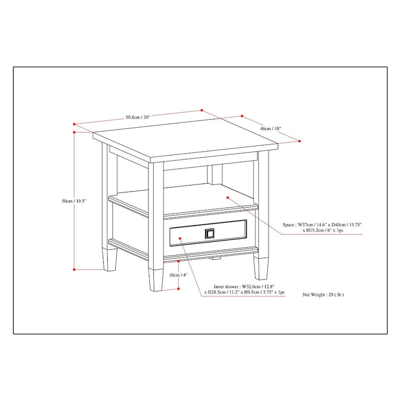 Table d'appoint rectangulaire de transition en BOIS MASSIF Norfolk de 20 pouces de large