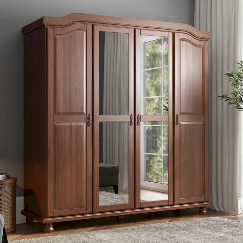 Armoire à 4 portes Kyle en bois massif 100 % avec portes en bois massif ou miroirs