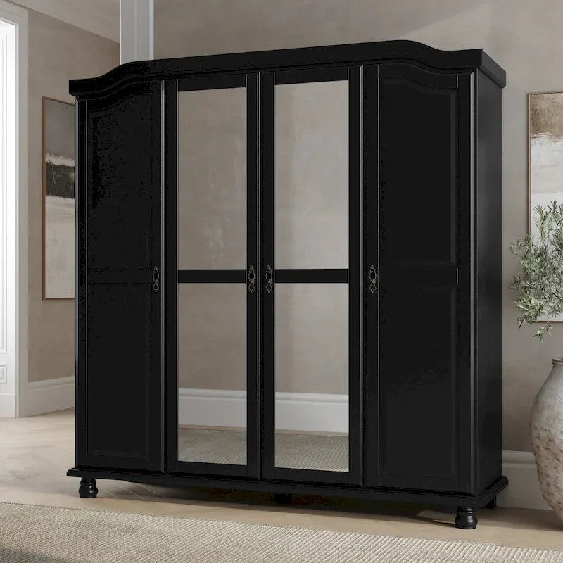 Armoire à 4 portes Kyle en bois massif 100 % avec portes en bois massif ou miroirs