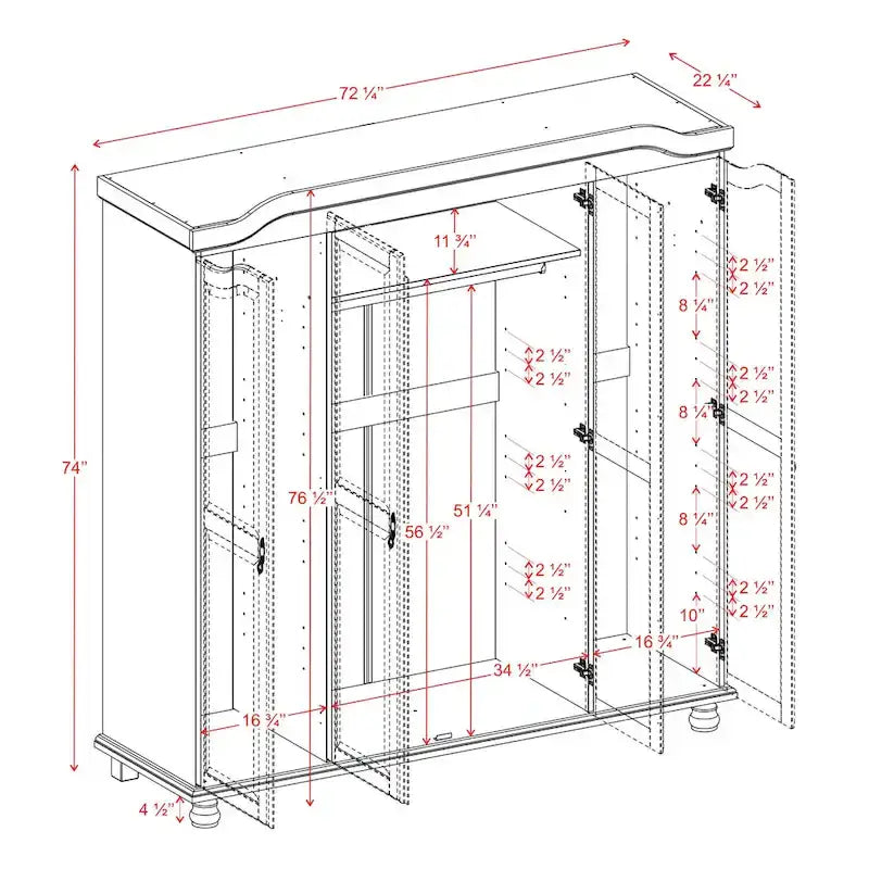 Armoire à 4 portes Kyle en bois massif 100 % avec portes en bois massif ou miroirs