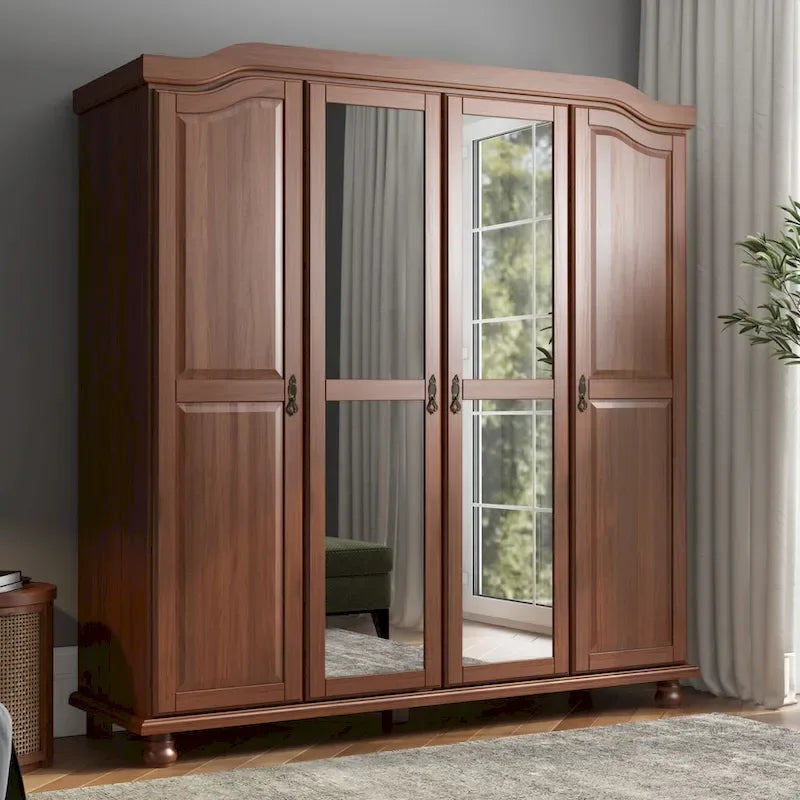 Armoire à 4 portes Kyle en bois massif 100 % avec portes en bois massif ou miroirs