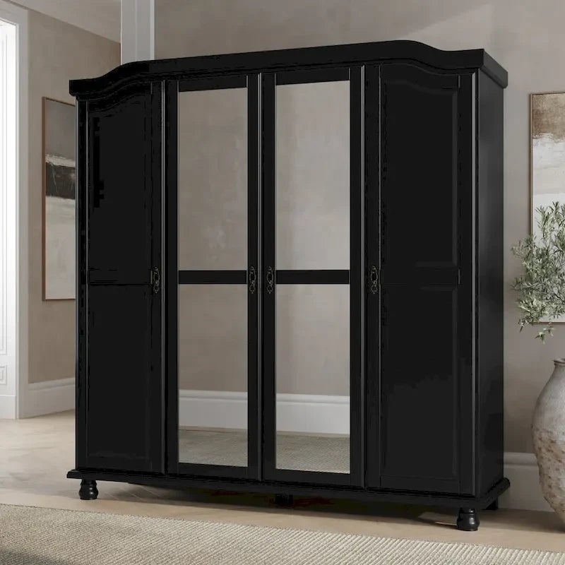 Armoire à 4 portes Kyle en bois massif 100 % avec portes en bois massif ou miroirs