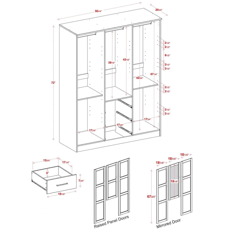 Armoire 3 portes Cosmo en bois massif à 100 % avec portes en bois massif ou portes miroir