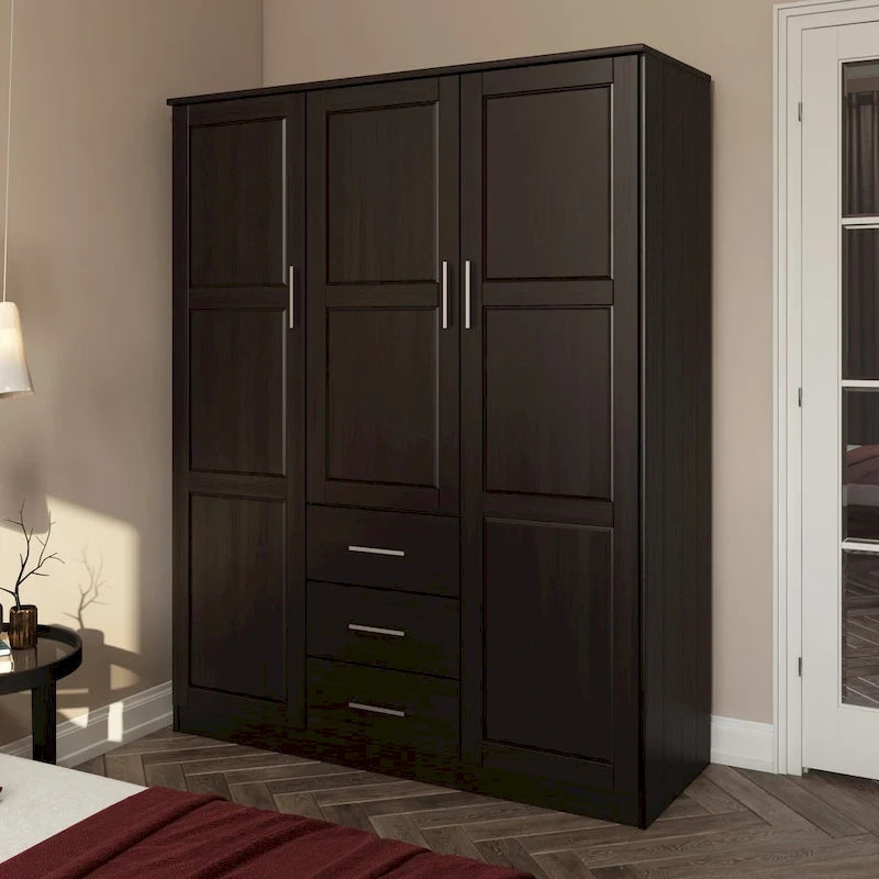 Armoire 3 portes Cosmo en bois massif à 100 % avec portes en bois massif ou portes miroir