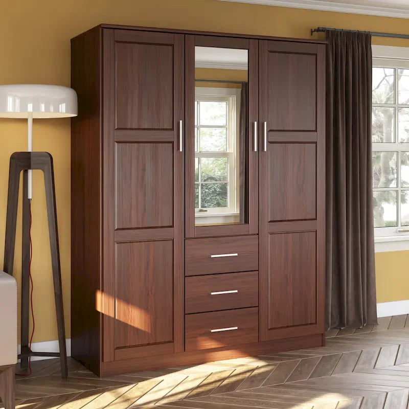 Armoire 3 portes Cosmo en bois massif à 100 % avec portes en bois massif ou portes miroir