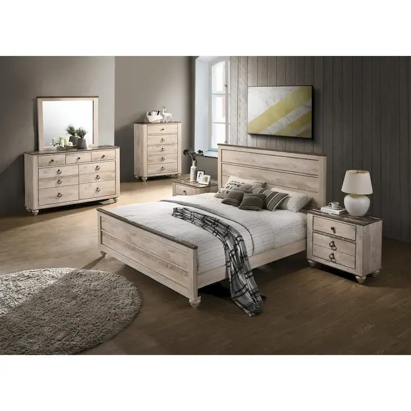 Collection de chambre à coucher 6 pièces King Imerland Contemporary Blanc délavé