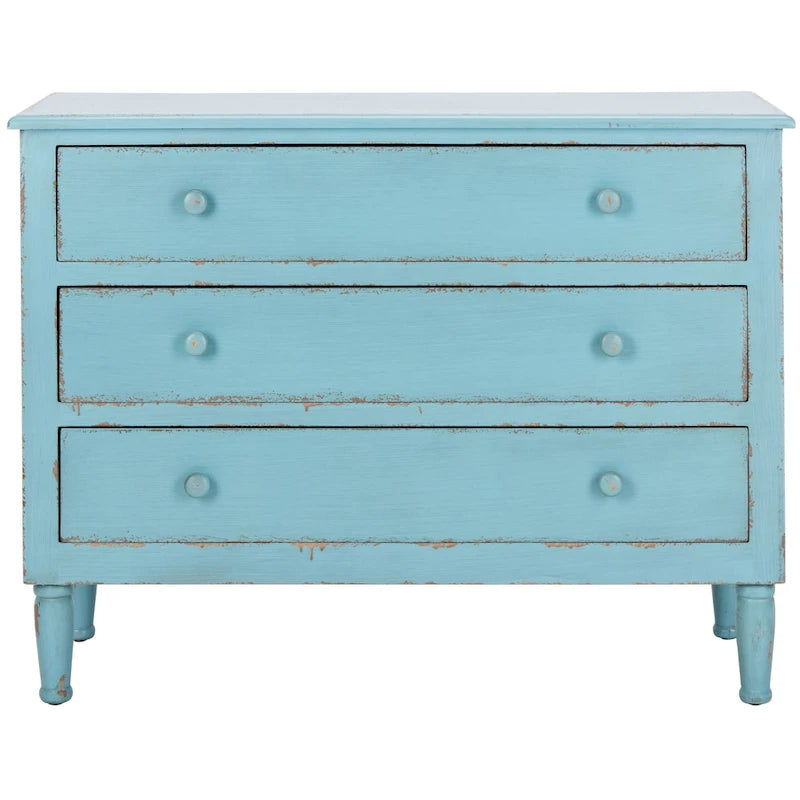 Commode de rangement Leanna bleue vieillie à 3 tiroirs