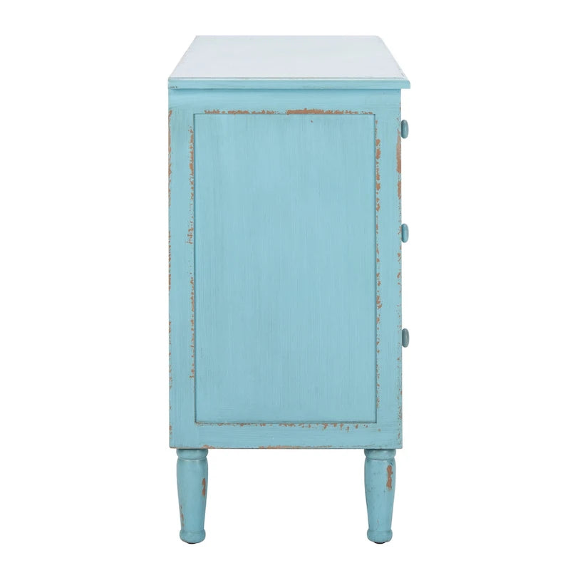 Commode de rangement Leanna bleue vieillie à 3 tiroirs