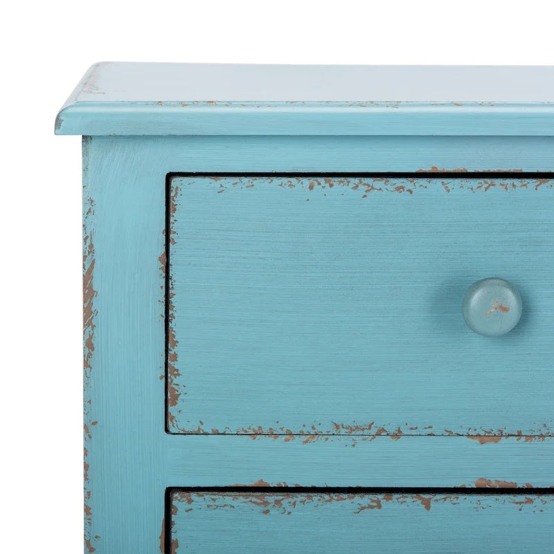Commode de rangement Leanna bleue vieillie à 3 tiroirs