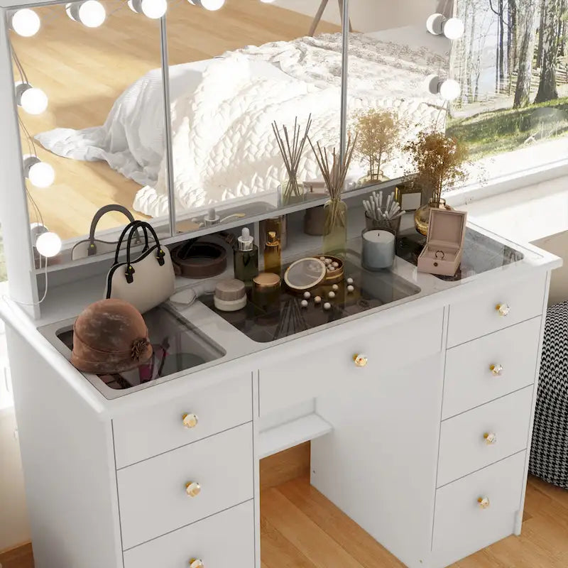 Coiffeuse avec miroir triptyque et plateau en verre