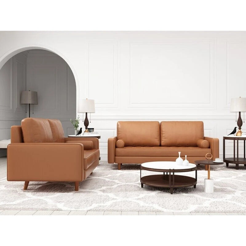 Collection de salon 2 pièces avec canapé et causeuse en cuir à accoudoirs carrés de style Mid-Century - Largeur du canapé : 70 et Largeur de la causeuse : 58